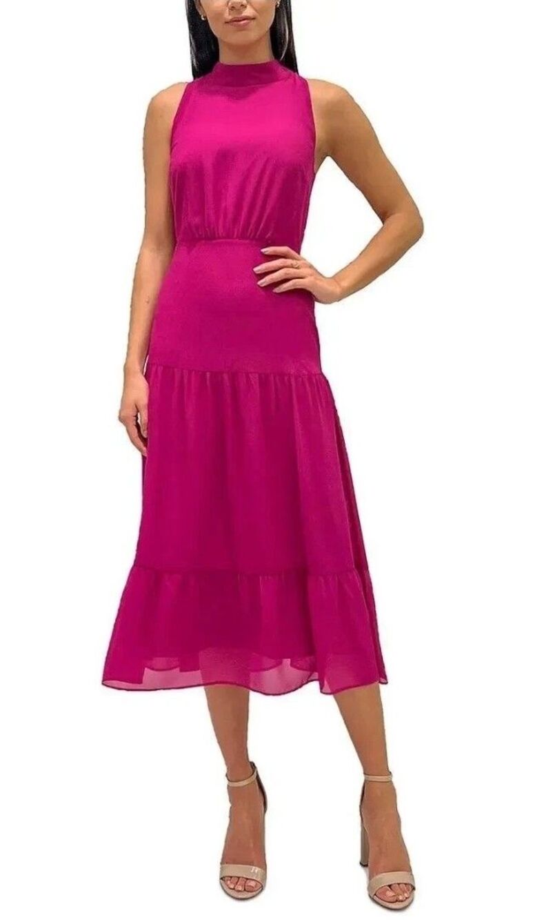 Sam Edelman Women NEW Satin Sleeveless MIDI Glam Mobwife Dress Fushia Pink SZ 14